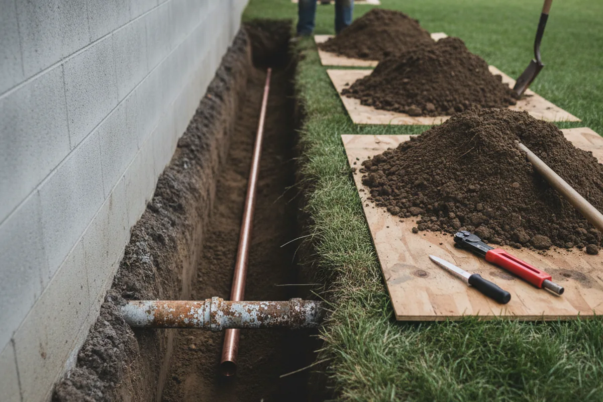 Excavated water line trench during Water Softener Installation in Afton